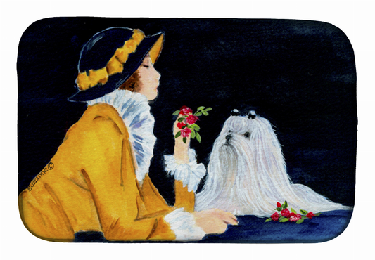 Lady with her Maltese Dish Drying Mat